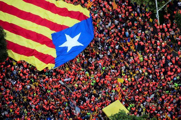 An aerial view of people holding a pro-independence Catalan flag on Sept. 11, 2018, in Barcelona, Spain. (Roser Vilallonga/AFP/Getty Images)