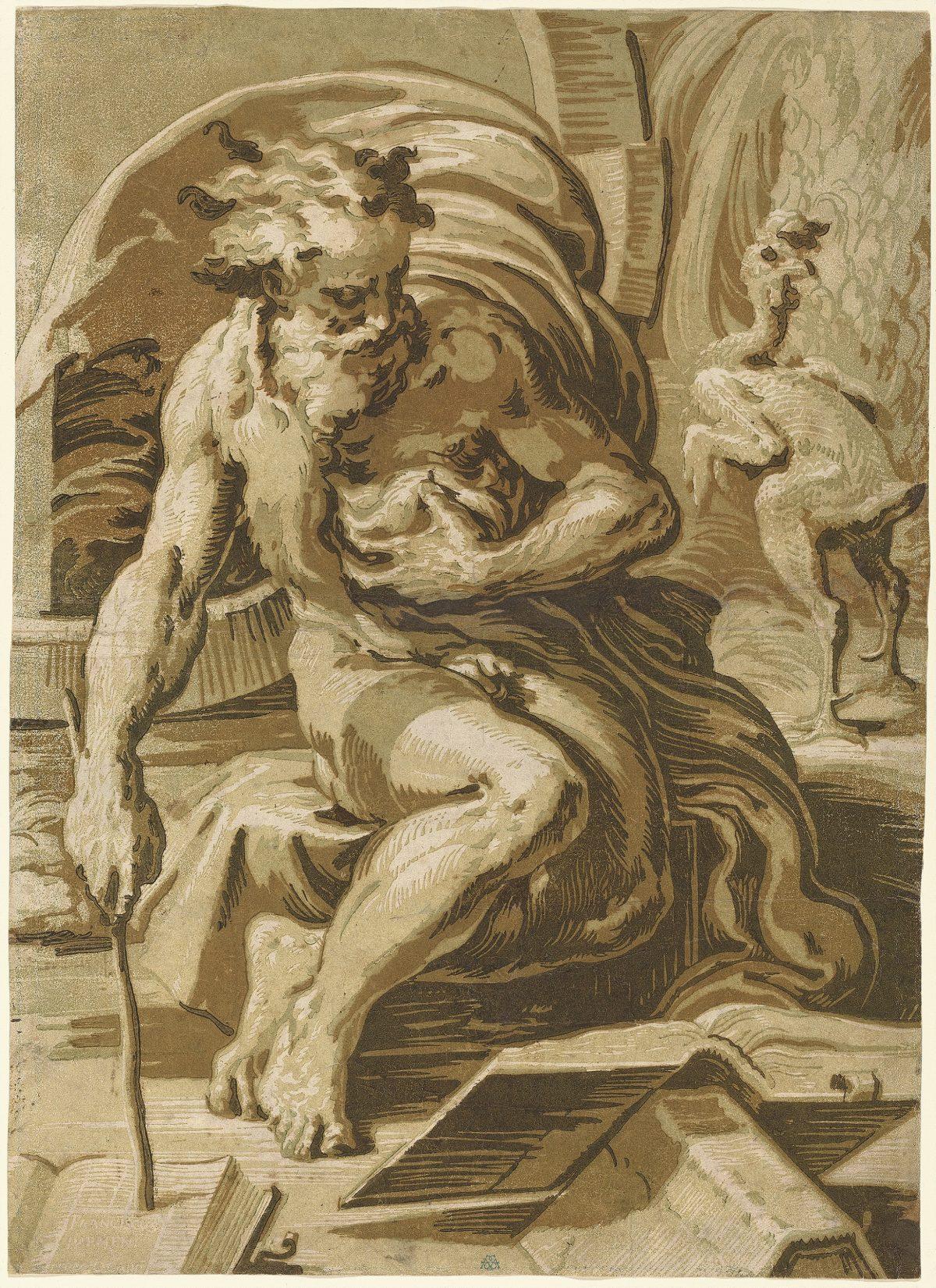 “Diogenes,” circa 1527–1530, by Ugo da Carpi, after Parmigianino. Chiaroscuro woodcut from four blocks in light green, medium green, brown, and dark brown, state iii/iii, 18 7/8 inches by 13 3/8 inches. Pepita Milmore Memorial Fund. (National Gallery of Art)