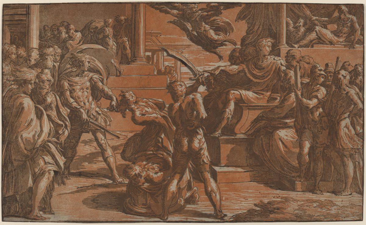 “Martyrdom of Two Saints,” circa 1527–1530, by Antonio da Trento, after Parmigianino. Chiaroscuro woodcut from three blocks in red ochre, blue-gray, and gray-black, state ii/ii, 11 3/8 inches by 19 inches. Rosenwald Collection. (National Gallery of Art)