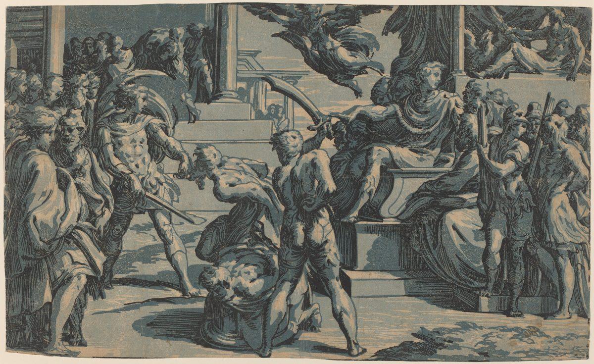 “Martyrdom of Two Saints,” circa 1527–1530, by Antonio da Trento, after Parmigianino. Chiaroscuro woodcut from three blocks in light blue, medium blue, and black, state ii/ii, 11 1/8 inches by 18 1/2 inches. Gift of Andrew Robison. (National Gallery of Art)