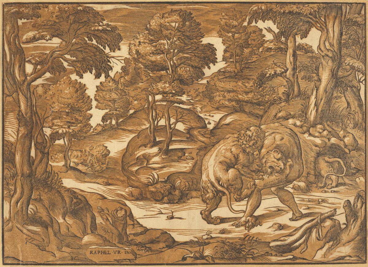 “Hercules and the Nemean Lion,” circa 1560s, by Nicolò Boldrini, after Niccolò Vicentino (after Raphael school.) Chiaroscuro woodcut printed from two blocks in brown and black, 11 5/8 inches by 16 1/4 inches. Pepita Milmore Memorial Fund. (National Gallery of Art)