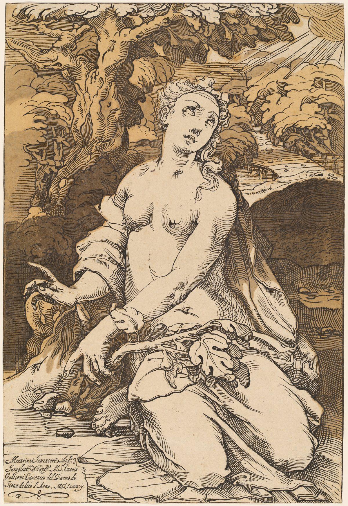"Eve," 1587, by Andrea Andreani, after Domenico Beccafumi. Chiaroscuro woodcut from four blocks in ochre, gray-brown, dark brown, and black, 18 1/8 inches by 12 3/8 inches. Andrew W. Mellon Fund. (National Gallery of Art)