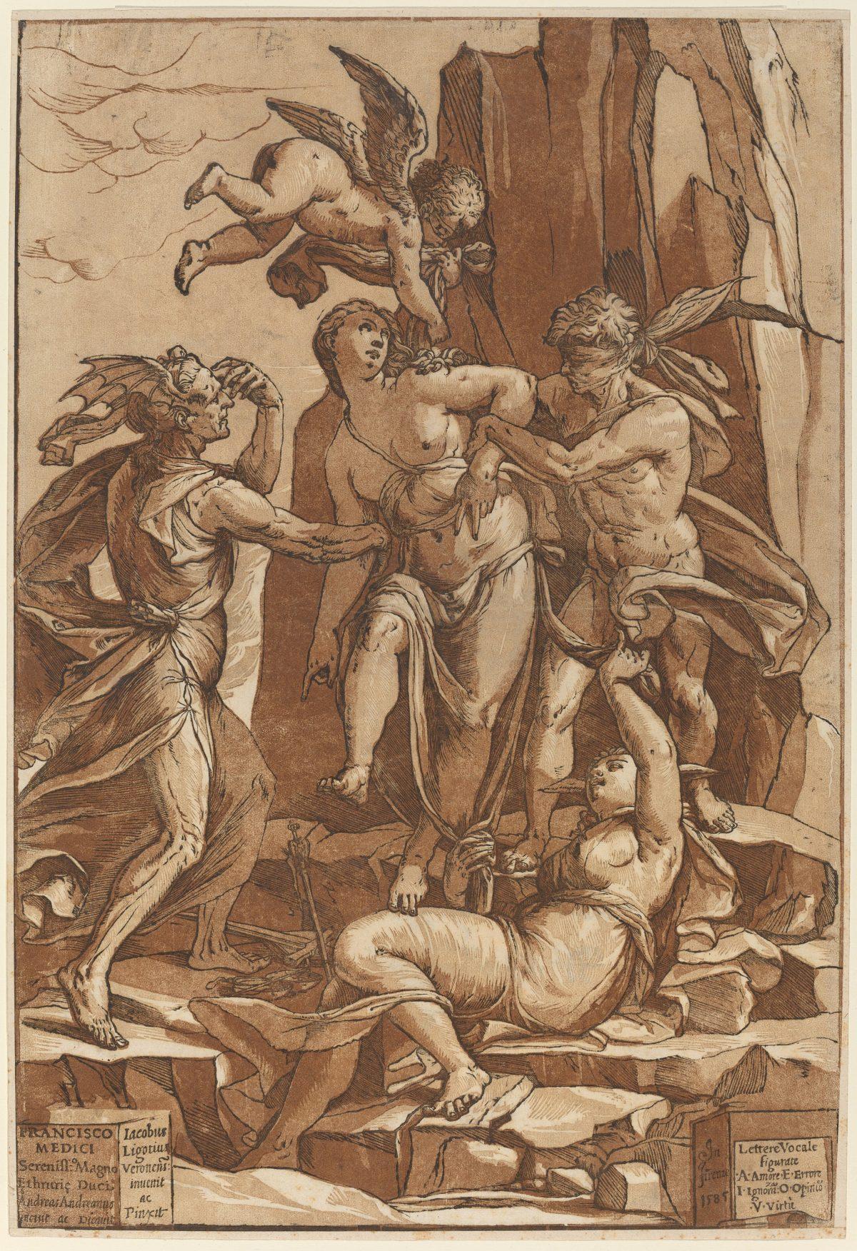 “Allegory of Virtue,” 1585, by Andrea Andreani, after Jacopo Ligozzi. Chiaroscuro woodcut from four blocks in light brown, medium brown, dark brown, and black, state i/ii, 19 inches by 13 inches. Ailsa Mellon Bruce Fund. (National Gallery of Art)