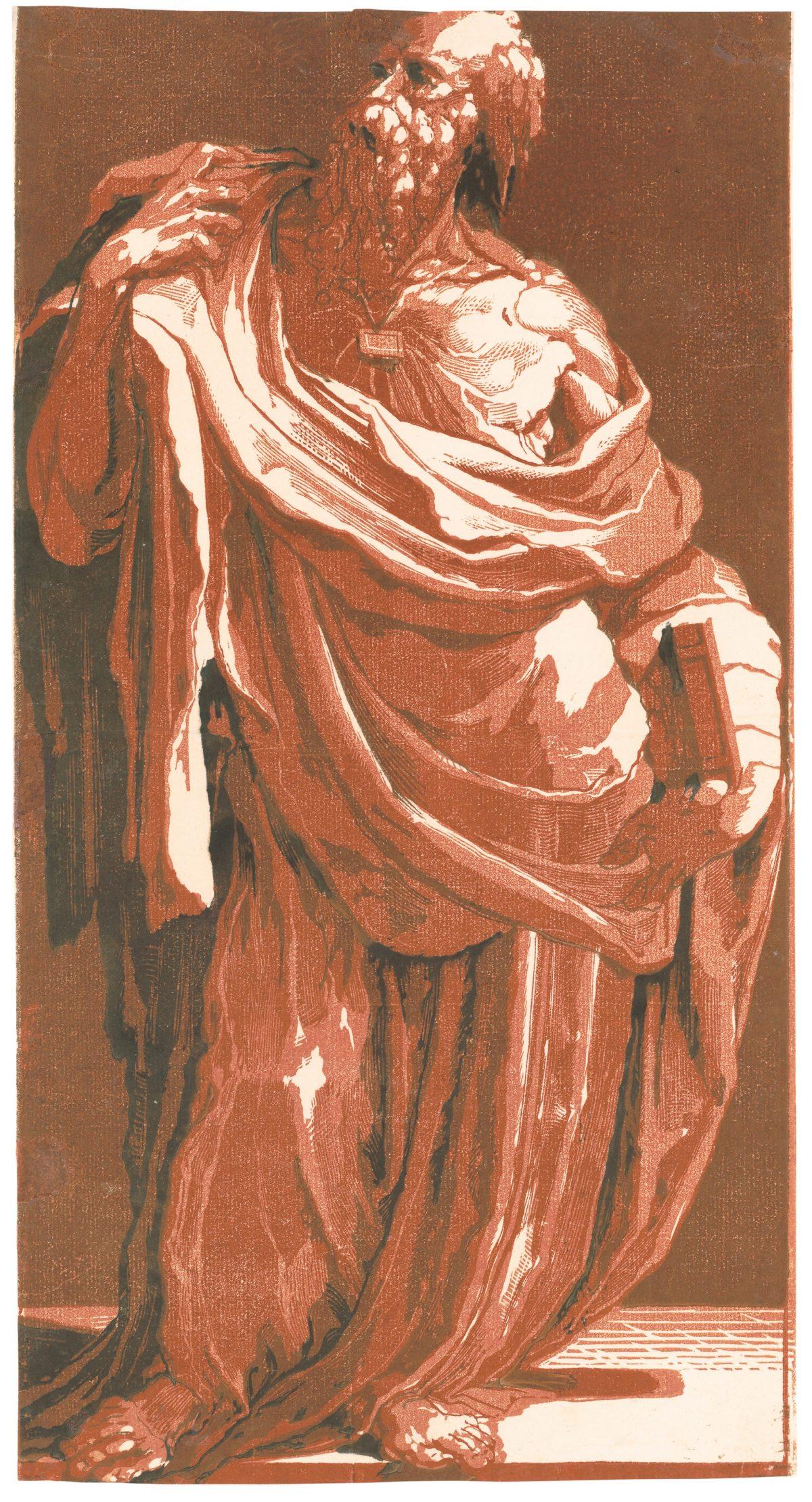 “Apostle With a Book,” circa 1540s, by Domenico Beccafumi. Chiaroscuro woodcut from four blocks in light red, medium red, gray-red, and black, 15 15/16 inches by 8 7/16 inches. (Library of Congress, Prints and Photographs Division, Washington, D.C.)