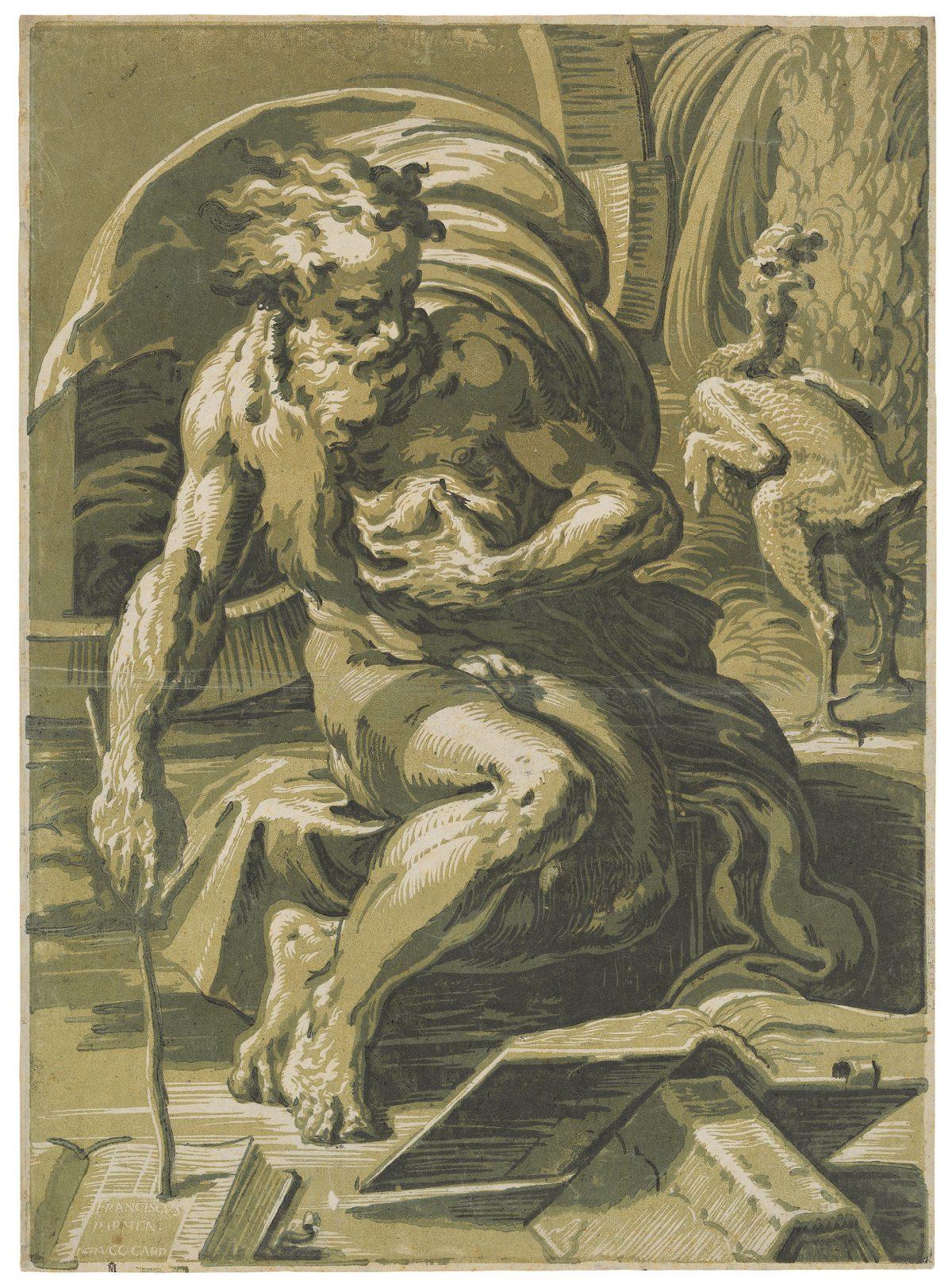 “Diogenes,” circa 1527–1530, by Ugo da Carpi, after Parmigianino. Chiaroscuro woodcut from four blocks in light blue, green-blue, green, and gray, state i/iii, 18 3/4 inches by 13 3/4 inches. The University of Texas at Austin, purchase through the generosity of Julia and Stephen Wilkinson. (Blanton Museum of Art, The University of Texas)