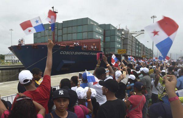 Chinese-chartered merchant ship Cosco Shipping Panama crosses the new Agua Clara Locks during the inauguration of the expansion of the Panama Canal. (Rodrigo Arangua/AFP/Getty Images)
