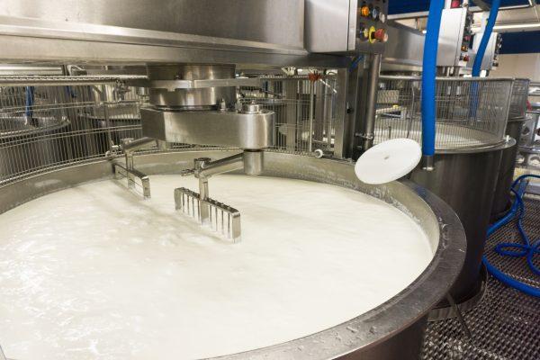 Rotating metal rakes slowly glide through giant vats of curd to break it up, until human eyes judge it to be the right consistency. (Crystal Shi/The Epoch Times)