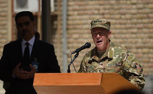 General Scott Miller (C), command of US and NATO forces in Afghanistan gestures as he speaks during a change of command ceremony at Resolute Support in Kabul, Afghanistan, on Sept. 2, 2018. (Wakil Kohsar/AFP/Getty Images)
