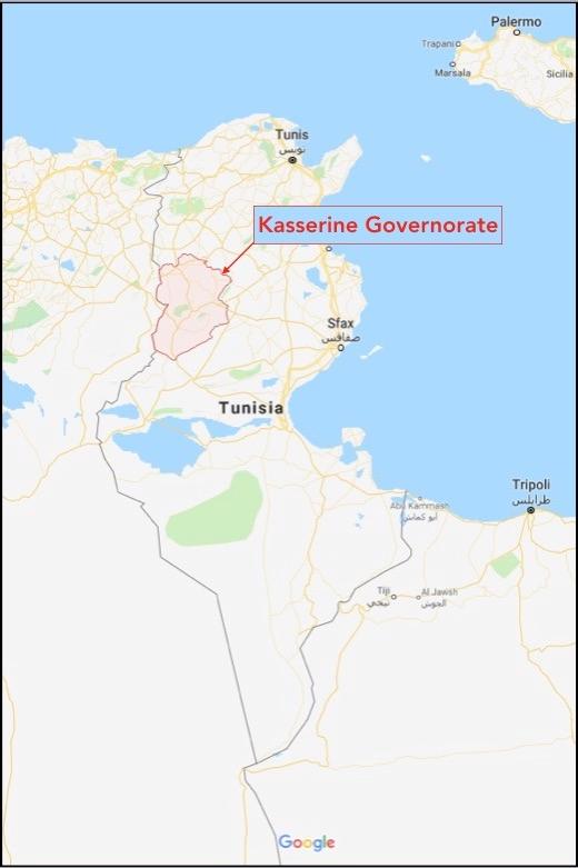 Floodwaters in the Tunisian region of Kasserine damaged roads and killed two people on Oct. 17, 2018. (Google Maps)