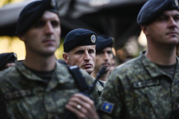 Kosovo Security Force (KSF) members march during a farewell ceremony of the German NATO led-peacekeeping mission in Kosovo, in the town of Prizren, on Oct. 3, 2018. (Armend Nimani/AFP/Getty Images)