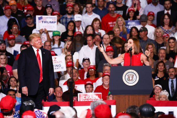 President Donald Trump and GOP Senate candidate Rep. Martha McSally at a Make America Great Again rally in Mesa, Arizona, on Oct. 19, 2018. (Charlotte Cuthbertson/The Epoch Times)