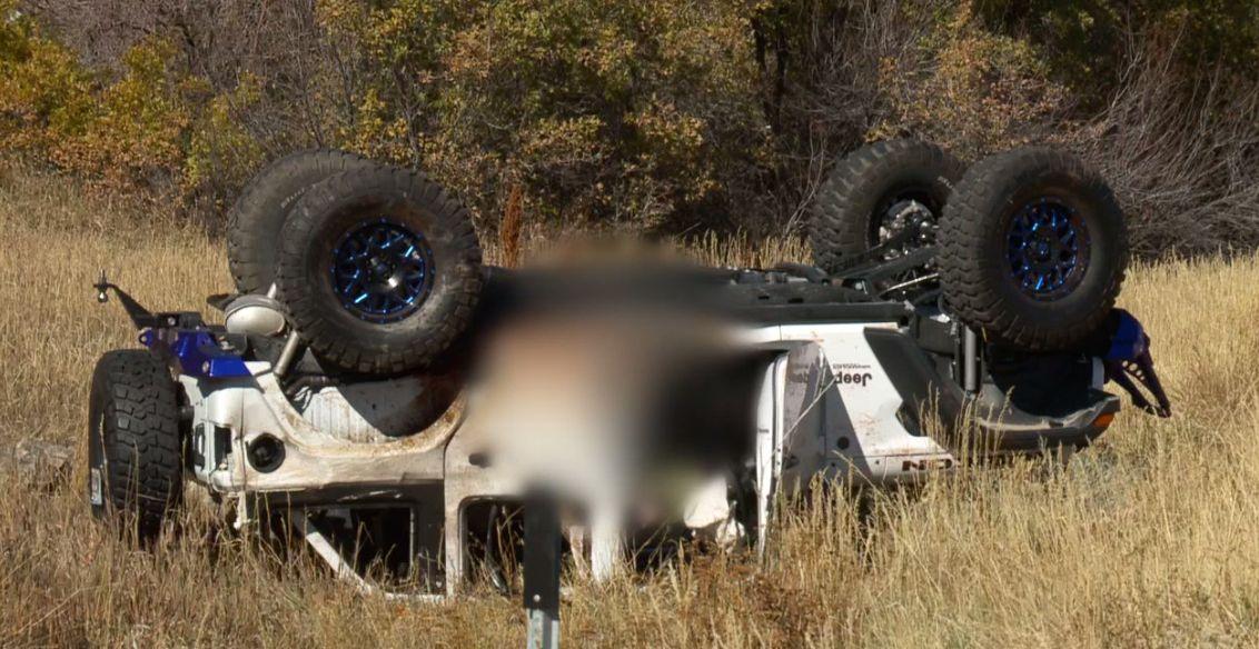 Six died in a crash in Heber, Utah on Oct. 20. The two people inside this Jeep are being treated for non-life-threatening injuries. (Screenshot/Fox News)