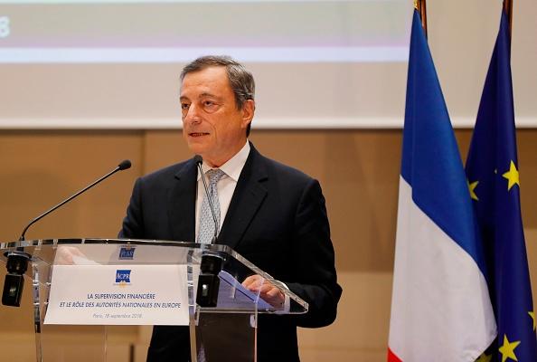The President of the European Central Bank (ECB), Mario Draghi delivers a speech at the French Prudential Supervision and Resolution Authority (ACPR) in Paris, on Sept. 18, 2018. (FRANCOIS GUILLOT/AFP/Getty Images)