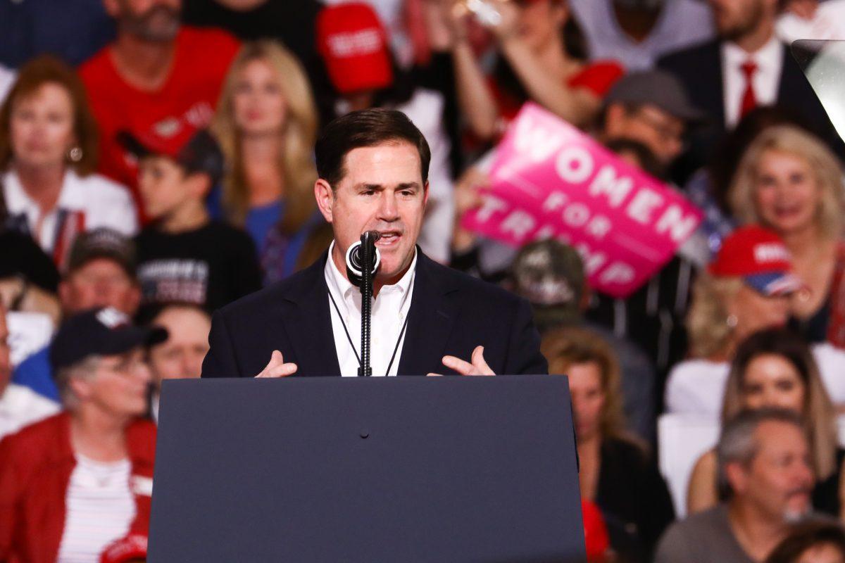 Arizona Gov. Doug Ducey at a Make America Great Again rally in Mesa, Arizona, on Oct. 19, 2018. (Charlotte Cuthbertson/The Epoch Times)