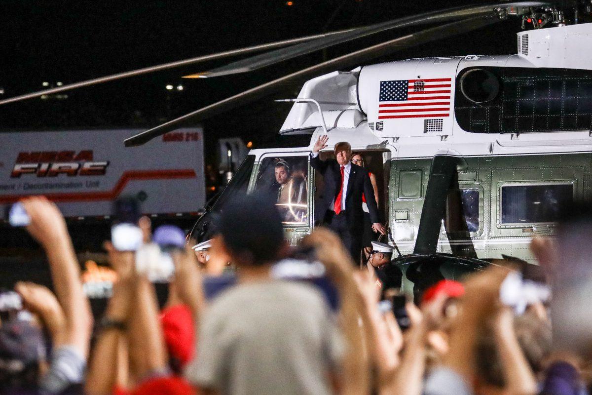 President Donald Trump steps out of Marine One at a Make America Great Again rally in Mesa, Arizona, on Oct. 19, 2018. (Charlotte Cuthbertson/The Epoch Times)