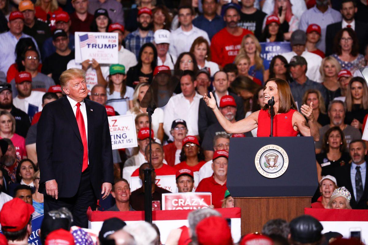 President Donald Trump and GOP Senate candidate Rep. Martha McSally at a Make America Great Again rally in Mesa, Arizona, on Oct. 19, 2018. (Charlotte Cuthbertson/The Epoch Times)