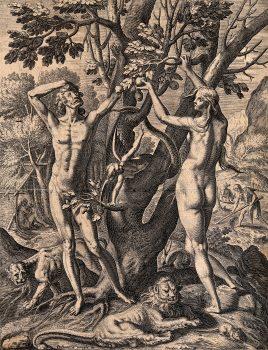Adam and Eve choosing fruit from the Tree of Knowledge. A woman-serpent bends around the Tree of Knowledge as Adam and Eve reach into the branches. Line engraving by Theodor de Bry (1528–1598) after Jodocus van Winghe (1544–1603). (Public Domain)