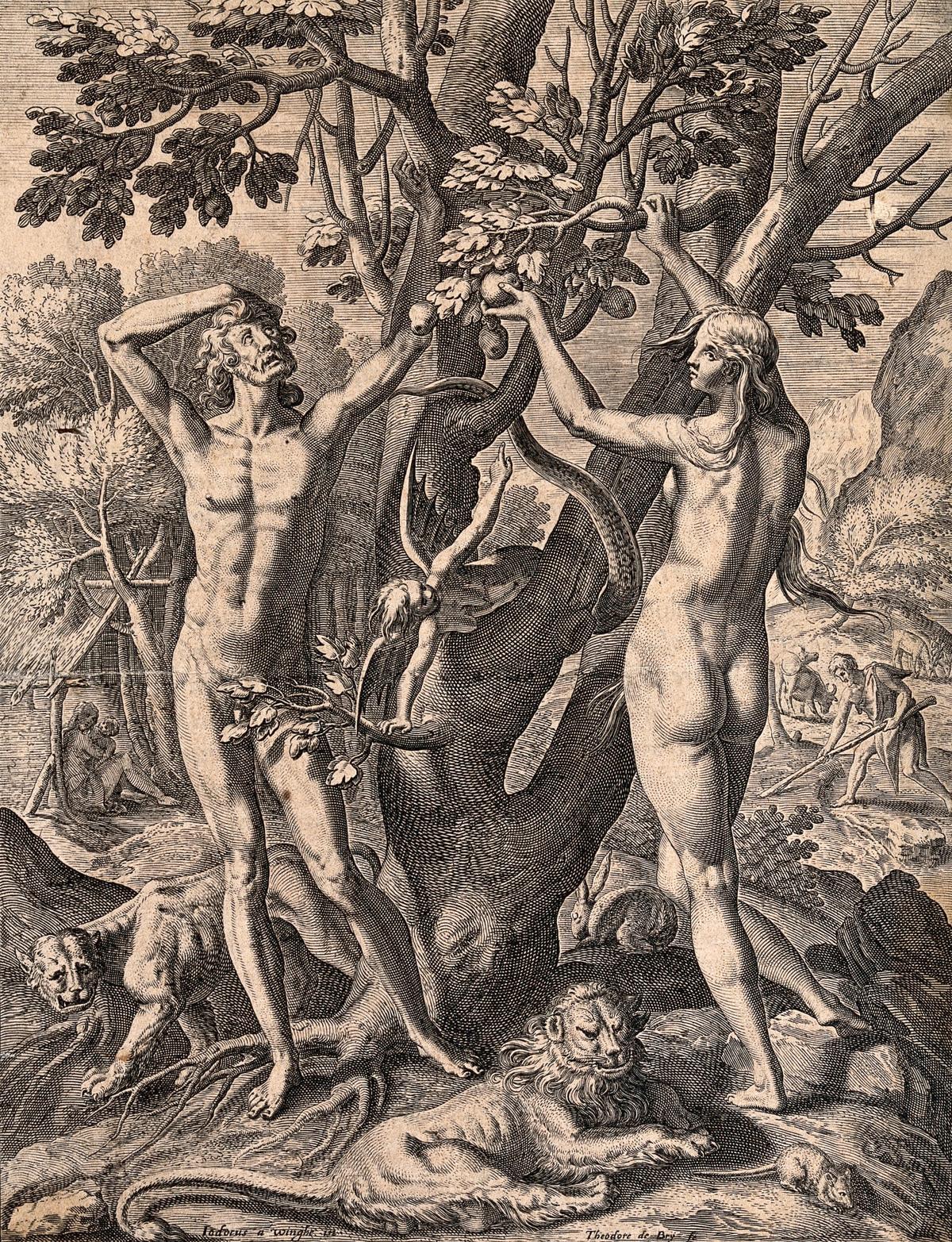 Line engraving by Theodor de Bry (1528–1598) after Jodocus van Winghe (1544–1603). Eve may have picked the apple from the Tree of Knowledge, but Adam did not seem overly opposed to eating it. (Public Domain)