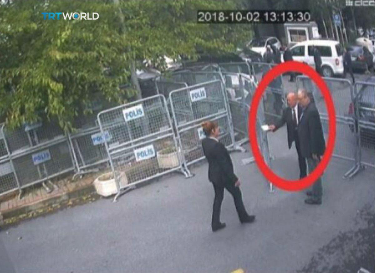 A still image taken from CCTV video and obtained by TRT World claims to show Saudi journalist Jamal Khashoggi, highlighted in a red circle by the source, as he arrives at Saudi Arabia's Consulate in Istanbul, Turkey, on Oct. 2, 2018. (Courtesy TRT World/Handout via Reuters)