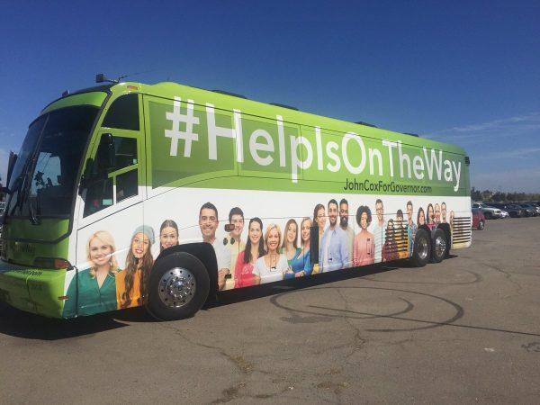 The tour bus for businessman John Cox, who is running as a Republican for California governor. (Courtesy John Cox)