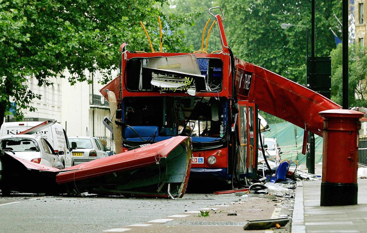 The wreck of double-decker bus blown apart by a bomb on July 7 in Tavistock Square in central London, on July 8, 2005. (Dylan Martinez/AFP/Getty Images)