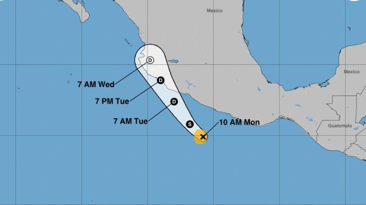 Tropical Storm Vicente, located to the southwest of Willa, is “looking less organized,” but is expected to produce heavy rains and flooding over southern Mexico. It has winds of 145 mph. (NHC)