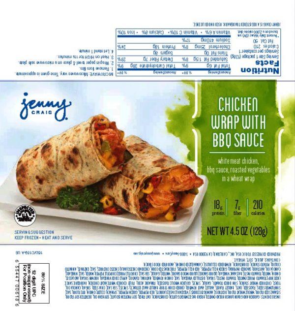 The USDA has issued a recall for 4.5-oz. plastic packages containing “jenny CRAIG CHICKEN WRAP WITH BBQ SAUCE,” with lot codes WO0096753S10, WO0097880S10, WO0098216S10, WO0098565S10, WO0098923S10, WO0100691S10, WO0100692S10, WO0101746S10, WO0101861S10, WO0102176S10, WO0102469S10, WO0102758S10, WO0103920S10, WO0104247S10, WO0104353S10, WO0104615S10, WO0104995S10, WO0106312, WO0106312S10, WO0106945S10, WO0107556S10, WO0108694S10, WO0108695S10, WO0096753S02, WO0097880S02, WO0098216S02, WO00982416S02, WO0098565S02, WO0098923S02, WO0100691S02, WO0100692S02 and WO0101746S02. (USDA)