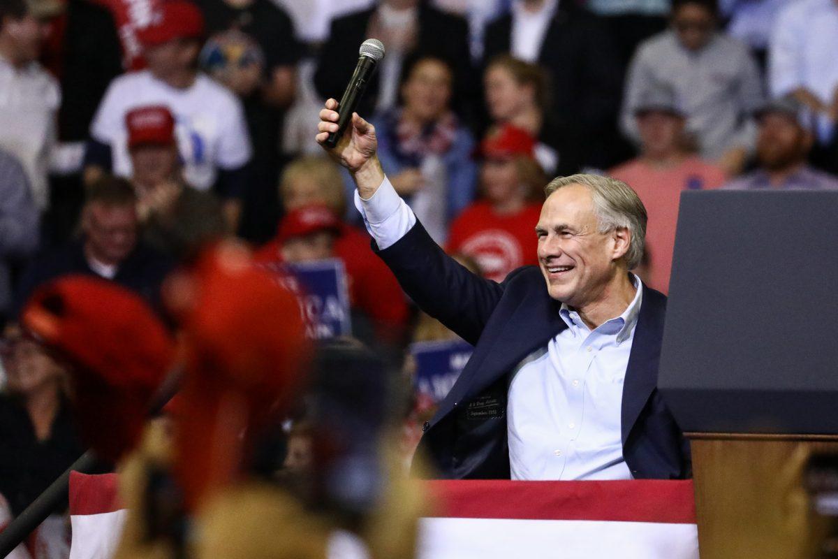 Texas Gov. Greg Abbott at a Make America Great Again rally in Houston, Texas, on Oct. 22, 2018. (Charlotte Cuthbertson/The Epoch Times)