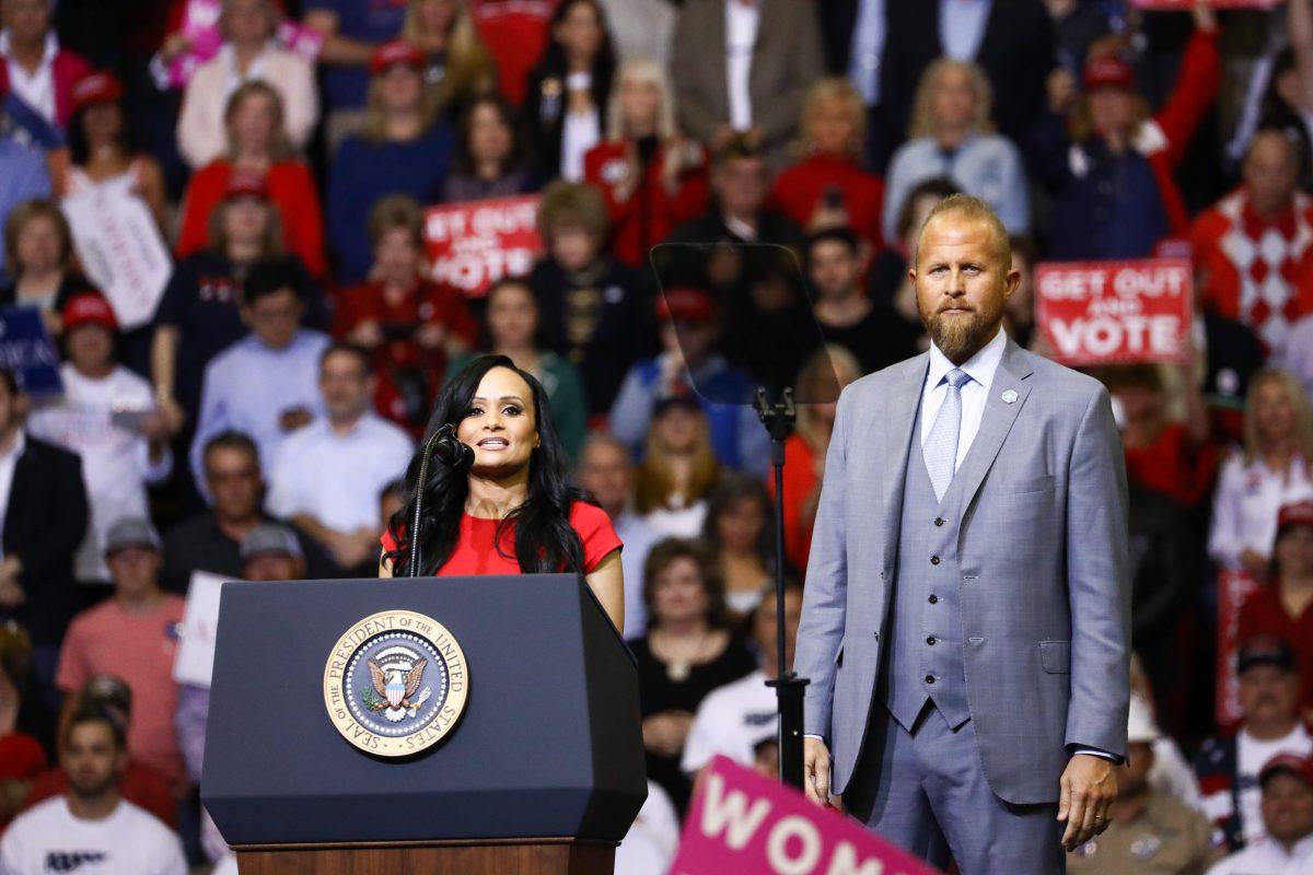 Senior advisor to the Trump 2020 campaign Katrina Pierson and Trump 2020 campaign manager Brad Parscale address the audience at a Make America Great Again rally in Houston, Texas, on Oct. 22, 2018. (Charlotte Cuthbertson/The Epoch Times)