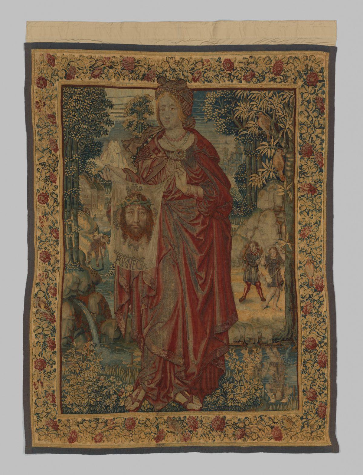 In contrast to the bottom-up cup, the “Saint Veronica” tapestry was worth 52 cows. Circa 1525. Wool, silk, gilded silver metal-wrapped threads, 5 feet 8 inches by 4 feet 3 inches. Bequest of George Blumenthal, 1941. (The Metropolitan Museum of Art)