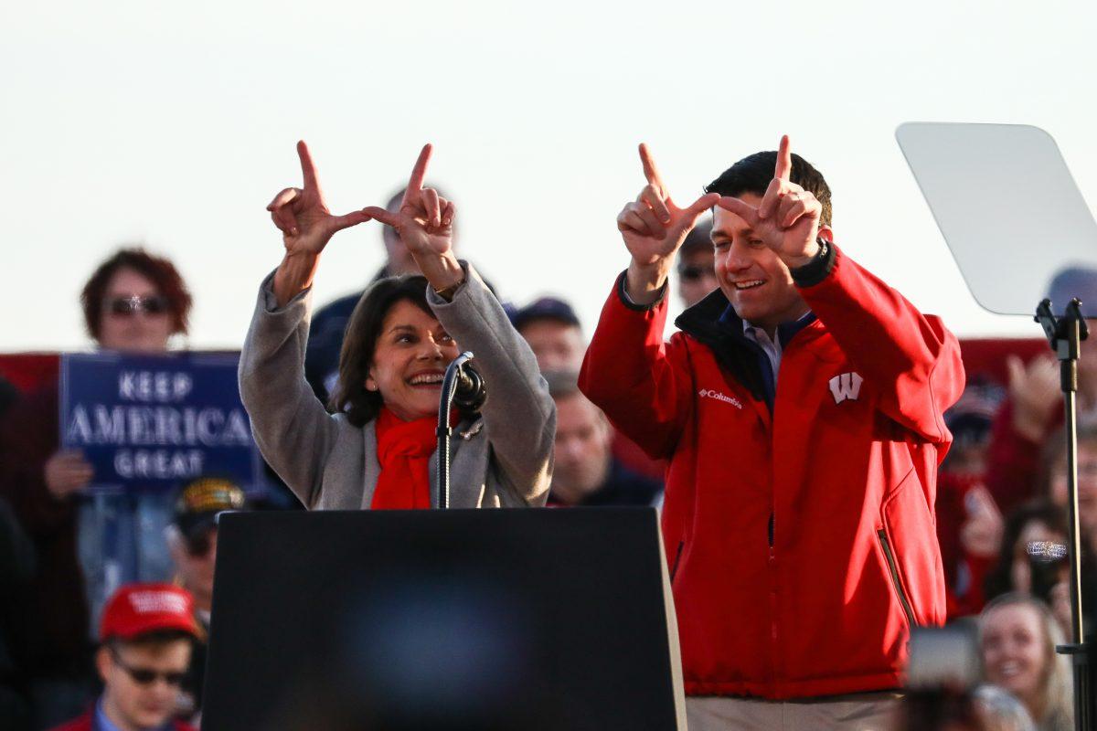 GOP Senate candidate Leah Vukmir and Speaker of the House Rep. Paul Ryan (R-Wis.) at a Make America Great Again rally in Mosinee, Wis., on Oct. 24, 2018. (Charlotte Cuthbertson/The Epoch Times)