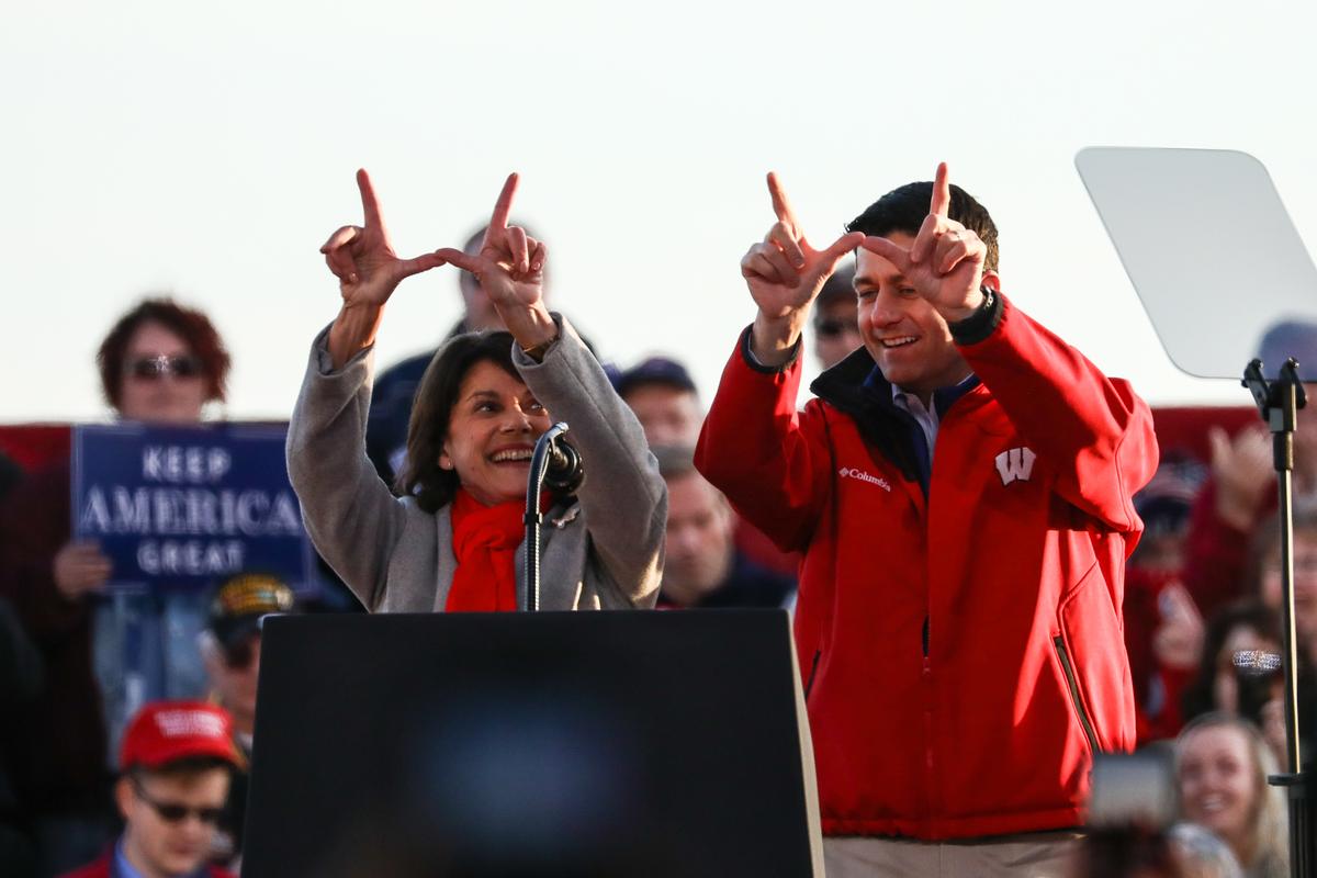 GOP Senate candidate Leah Vukmir and House Speaker Rep. Paul Ryan (R-Wisc.) at a Make America Great Again rally in Mosinee, Wisc., on Oct. 24, 2018. (Charlotte Cuthbertson/The Epoch Times)