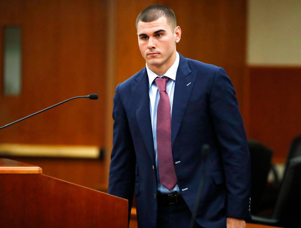 Former Denver Broncos backup quarterback Chad Kelly appears for a hearing in the Arapahoe County Courthouse in Centennial, Colorado, on Oct. 24, 2018. (AP Photo/David Zalubowski, Pool)
