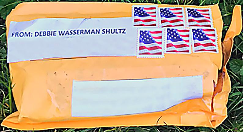 One of the suspicious packages, with the name and address blanked out. As of oct. 29, 2018, 10 of these packages, which reportedly contain explosive devices, have been discovered. (FBI)