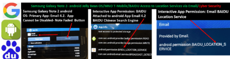 Example: Pre-installed Android Baidu surveillance and data-mining technology, interactive application permission command string, Samsung Galaxy Note supported by the Android OS. (Screenshots and annotations via Rex M. Lee)