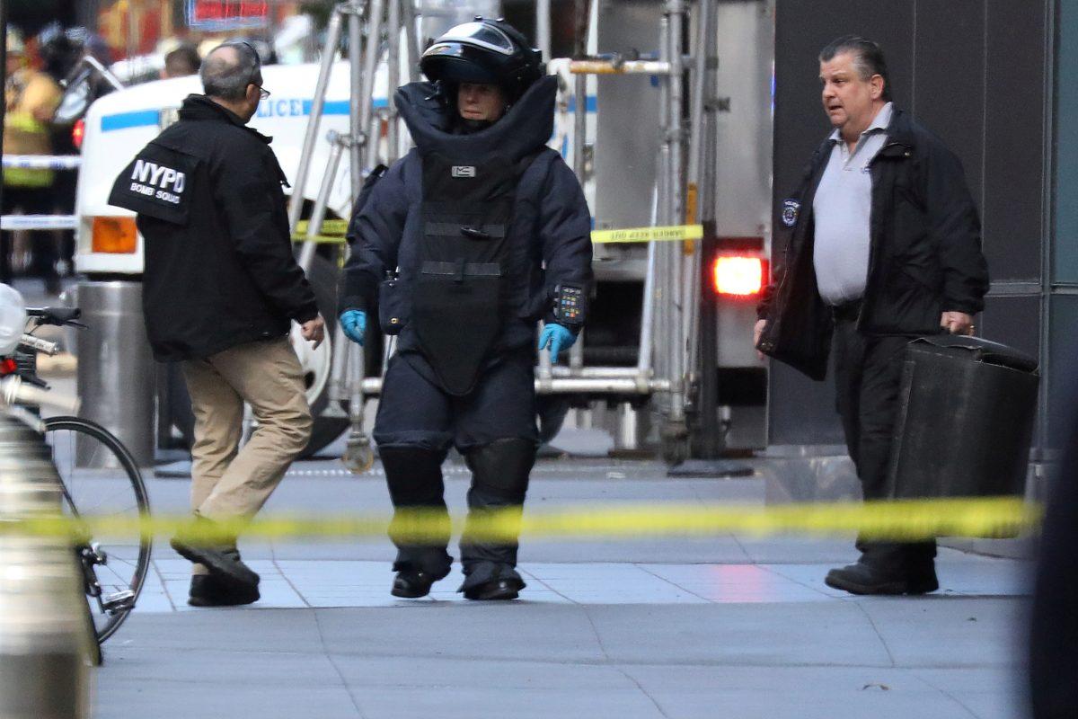 A member of the New York Police Department bomb squad outside the Time Warner Center in Manhattan, on Oct. 24, 2018. (Reuters/Kevin Coombs)