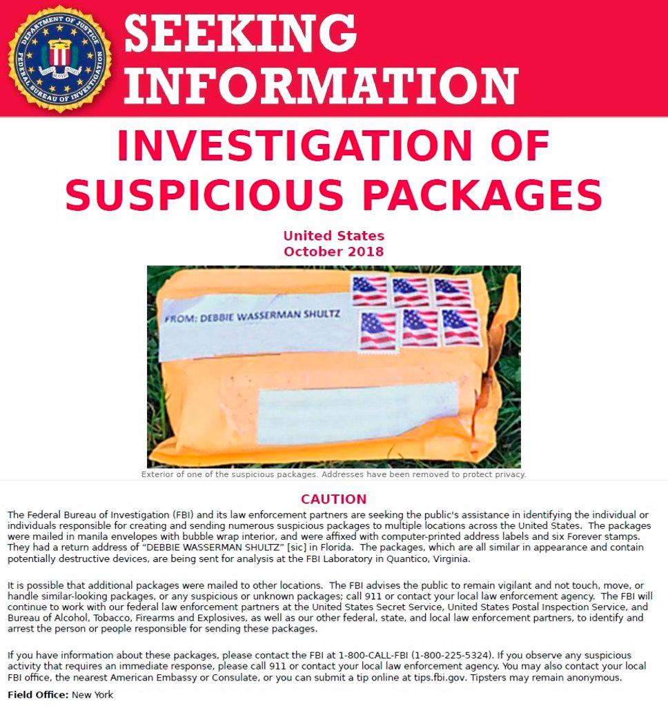 The FBI released this poster on Thursday, Oct. 25, 2018, asking for the public's assistance in finding the people responsible for sending suspicious packages to multiple locations across the United States. (FBI via AP)