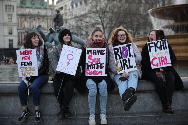 Feminists at the Women's March on Jan. 21, 2017, in London, England. Leftist ideology divides people into groups of oppressors and oppressed, leading to a rupture in society and the elimination of freedom. (Dan Kitwood/Getty Images)