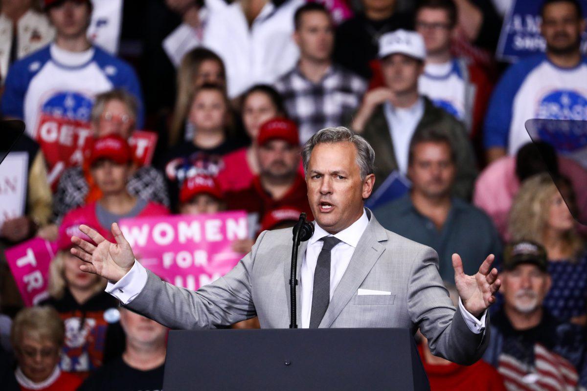 North Carolina Lt. Gov. Dan Forest speaks at a Make America Great Again rally in Charlotte, N.C., on Oct. 26, 2018. (Charlotte Cuthbertson/The Epoch Times)
