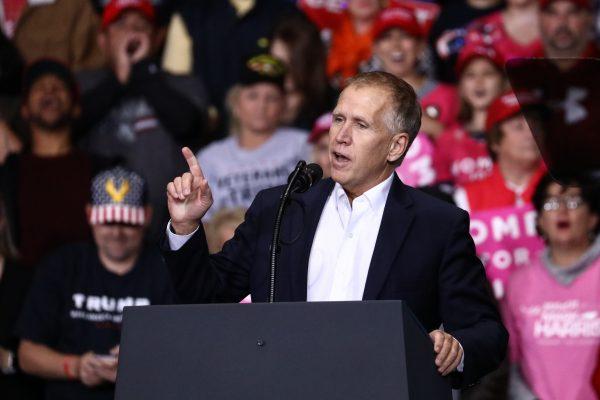 Sen. Thom Tillis (R-N.C.) speaks at a Make America Great Again rally in Charlotte, N.C., on Oct. 26, 2018. (Charlotte Cuthbertson/The Epoch Times)