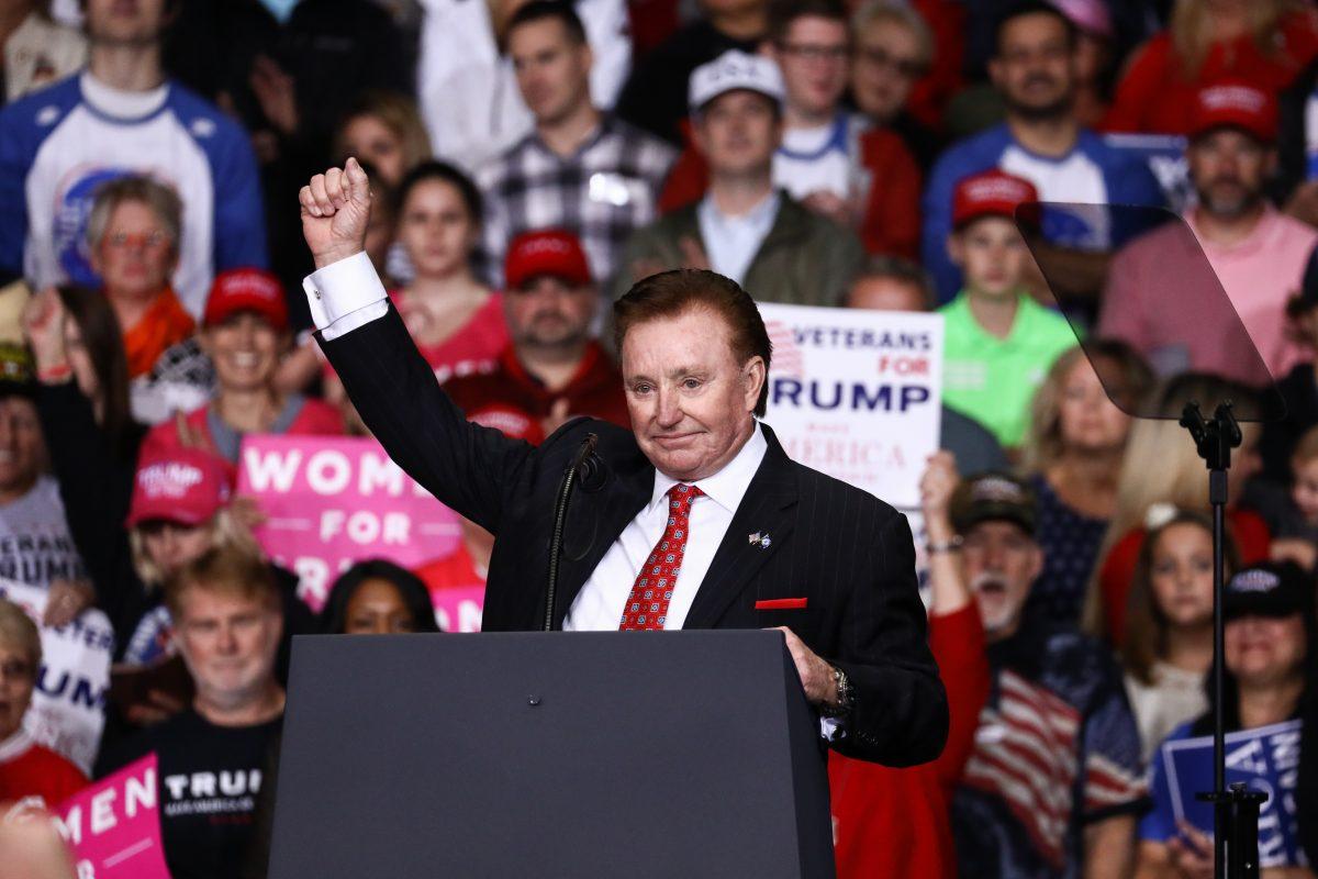 NASCAR Hall of Fame inductee Richard Childress speaks at a Make America Great Again rally in Charlotte, N.C., on Oct. 26, 2018. (Charlotte Cuthbertson/The Epoch Times)
