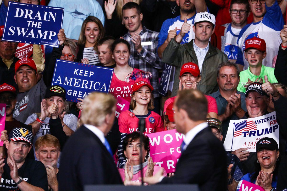 President Donald Trump and GOP congressional candidate Ted Budd at a Make America Great Again rally in Charlotte, N.C., on Oct. 26, 2018. (Charlotte Cuthbertson/The Epoch Times)