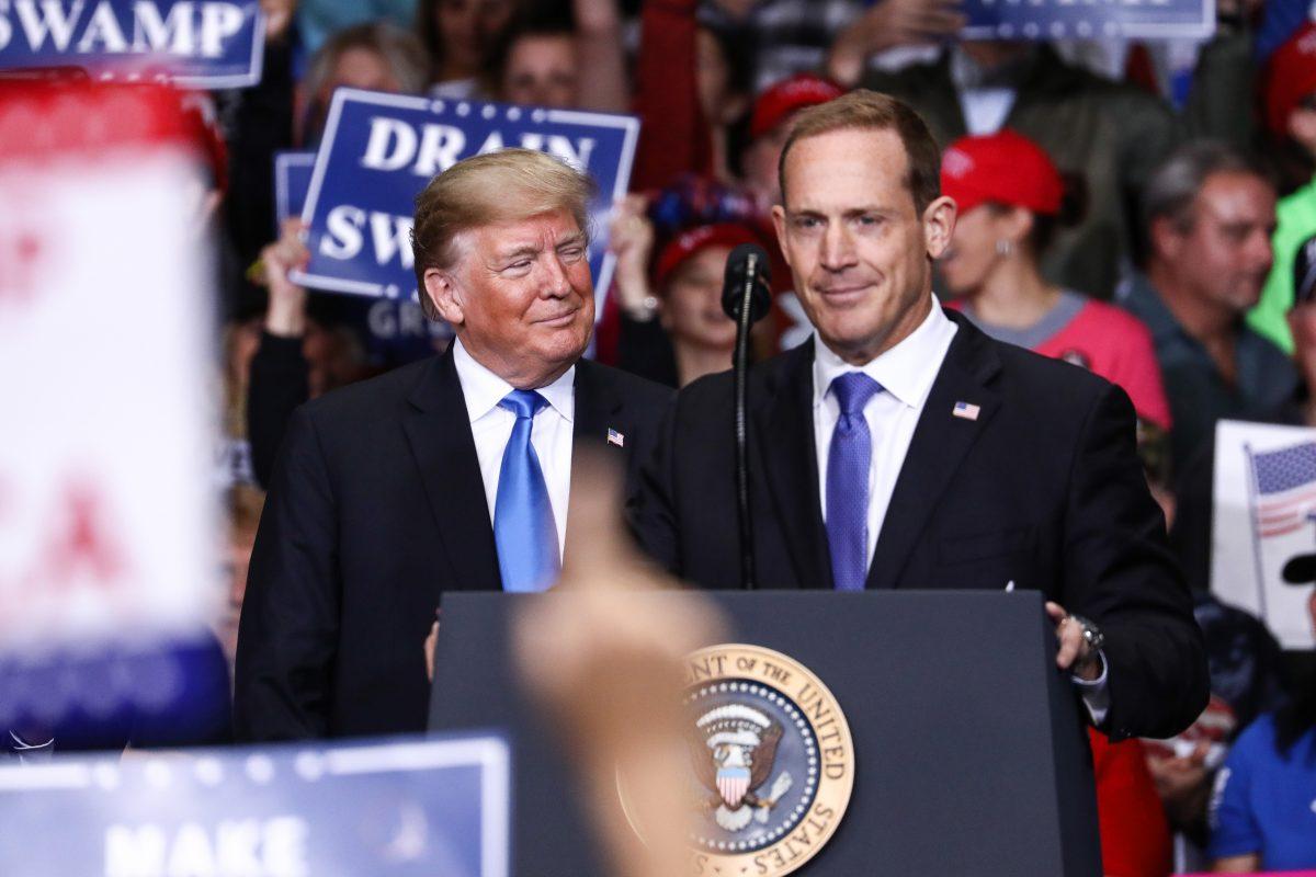 President Donald Trump and GOP congressional candidate Ted Budd at a Make America Great Again rally in Charlotte, N.C., on Oct. 26, 2018. (Charlotte Cuthbertson/The Epoch Times)