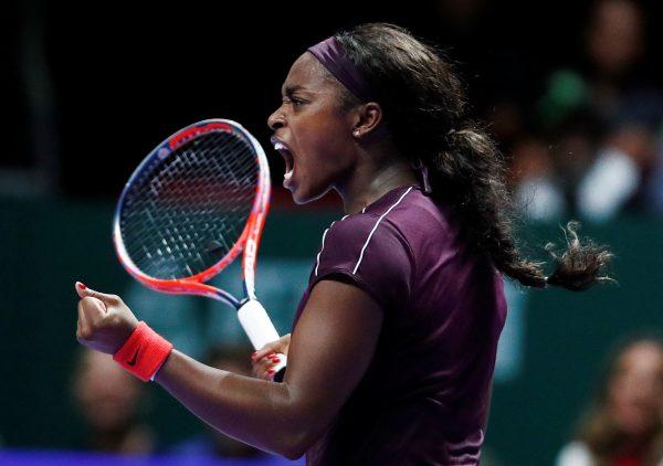 Sloane Stephens of the U.S. reacts during the singles final against Ukraine's Elina Svitolina in the Singapore Indoor Stadium, Kallang, on Oct. 28, 2018. (Edgar Su/Reuters)