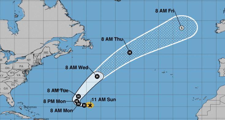 Tropical Storm Oscar  in the Atlantic Ocean on Oct. 27, 2018, and the storm is forecast to churn around in the Atlantic while not posing any threat to land. (NHC)