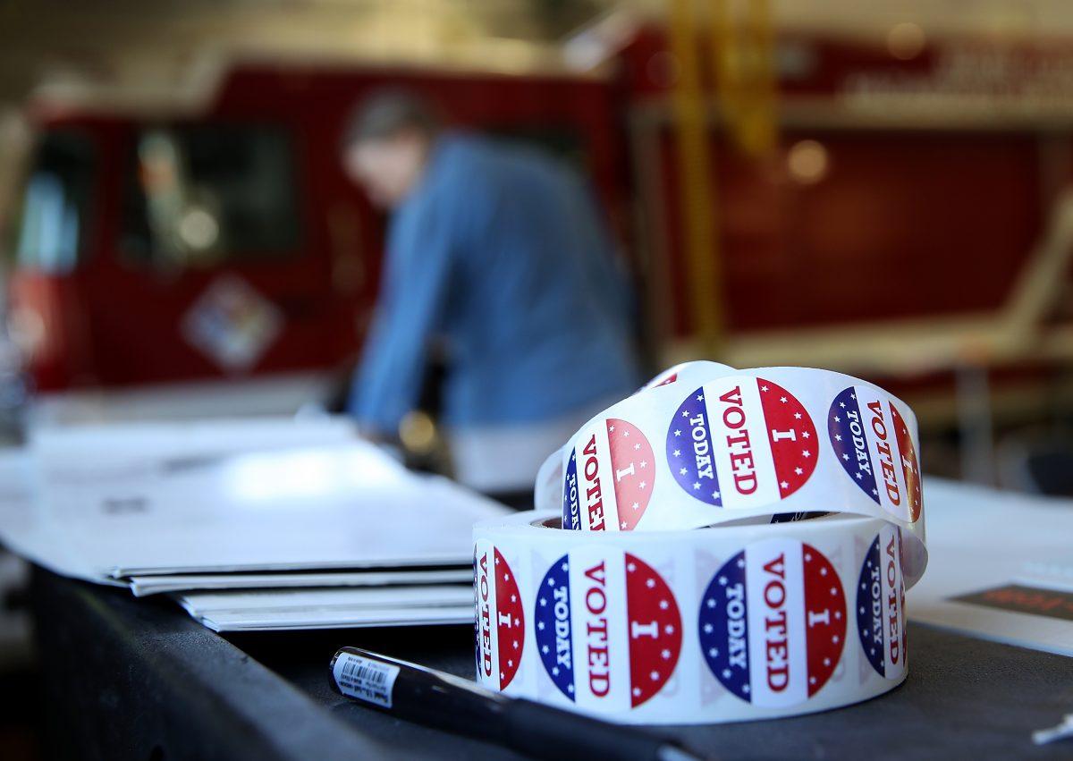 A roll of "I Voted" stickers sits on a table inside a polling station at a Ross Valley Fire Department in San Anselmo, Calif., on June 5, 2018. (Justin Sullivan/Getty Images)