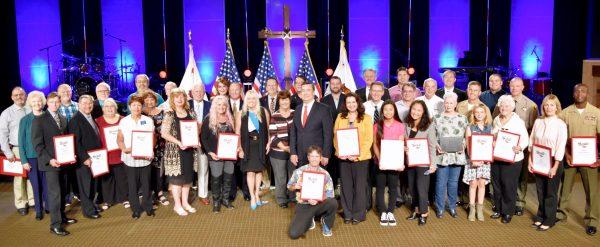 California Senator Joel Anderson (middle 1st row) held his last “California Heroes Month” ceremony at Foothills Christian Church in El Cajon, CA on Oct. 13, 2018. Some 50 community members received Certificates of Recognition for their community service work. (Courtesy Joel Anderson)