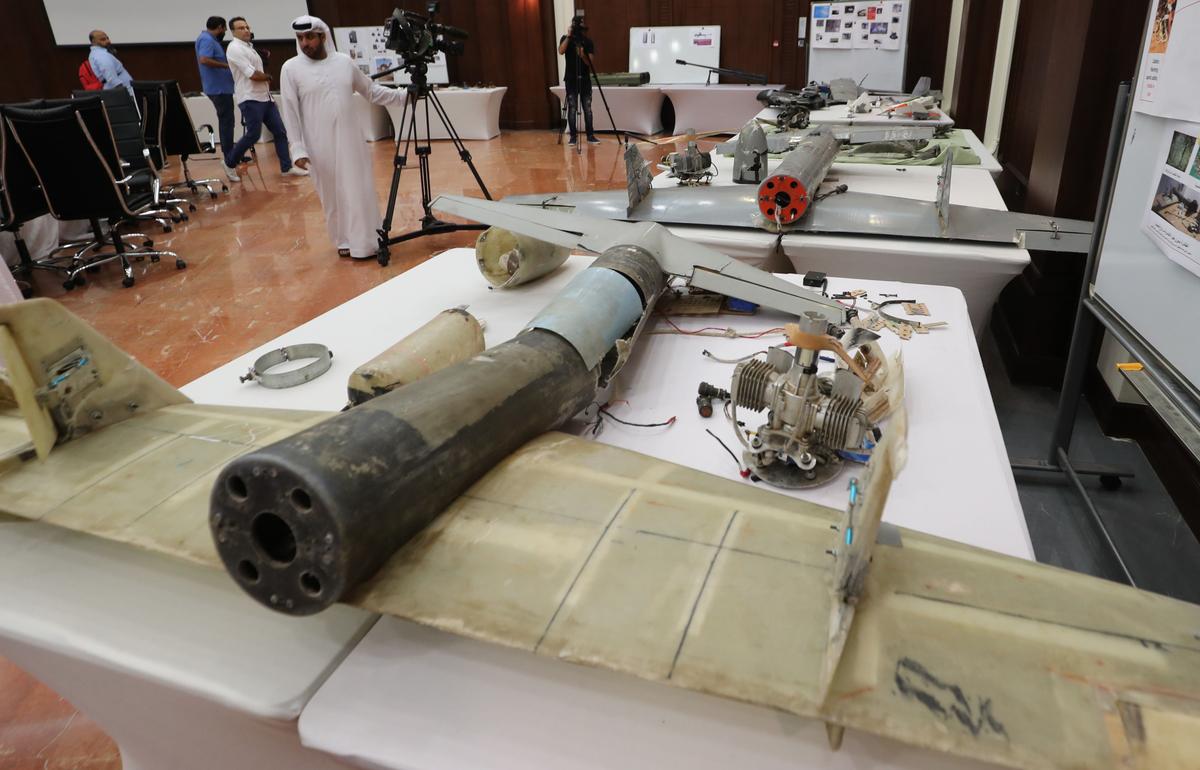 Debris of Iranian-made Ababil drones in Abu Dhabi on June 19, 2018, which the Emirati armed forces say were used by Houthi rebels in Yemen. (Karim Sahib/AFP/Getty Images)