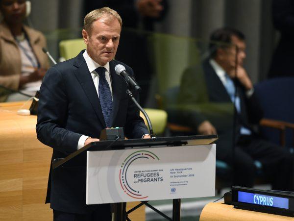 European Council President Donald Tusk speaks at the meeting on addressing large movements of refugees and migrants in New York on Sept. 19, 2016. (Timothy A. Clary/AFP/Getty Images)