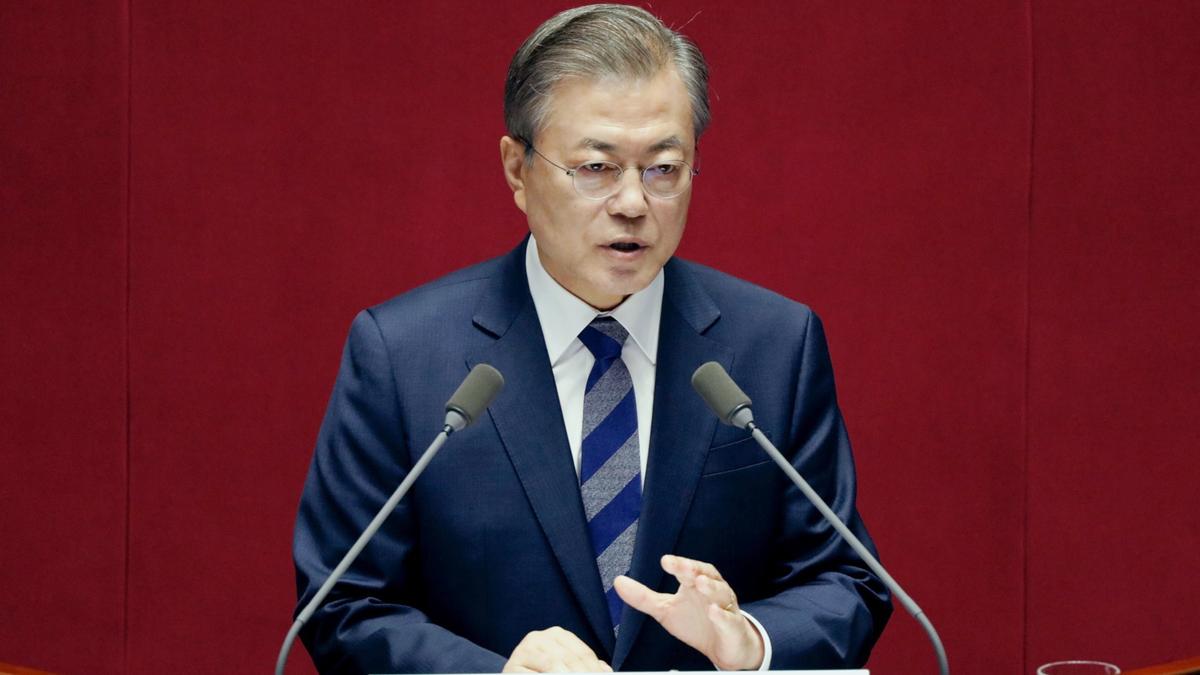 South Korean President Moon Jae-in delivers his speech on the government's 2019 budget proposal during a plenary session at the National Assembly in Seoul, South Korea, on Nov. 1, 2018. (Kim Hong-Ji/Pool/AP)